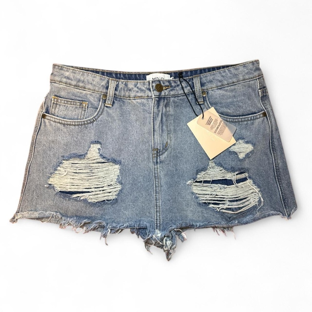 NWT MINKPINK x MP|D Trash Talk Distressed Light Blue Denim Skort — LARGE
